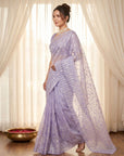 Lavender Pure Organza Silk Crush Saree Designer Party Wear Saree With Turkish Work Embroidered Cutwork Border Wedding Festive Saree
