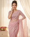 Pink Pure Organza Silk Crush Saree Designer Party Wear Saree With Turkish Work Embroidered Cutwork Border Wedding Festive Saree