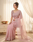 Pink Pure Organza Silk Crush Saree Designer Party Wear Saree With Turkish Work Embroidered Cutwork Border Wedding Festive Saree