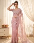 Pink Pure Organza Silk Crush Saree Designer Party Wear Saree With Turkish Work Embroidered Cutwork Border Wedding Festive Saree