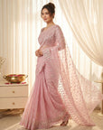 Pink Pure Organza Silk Crush Saree Designer Party Wear Saree With Turkish Work Embroidered Cutwork Border Wedding Festive Saree