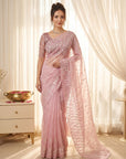 Pink Pure Organza Silk Crush Saree Designer Party Wear Saree With Turkish Work Embroidered Cutwork Border Wedding Festive Saree
