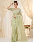 Pista Pure Organza Silk Crush Saree Designer Party Wear Saree With Turkish Work Embroidered Cutwork Border Wedding Festive Saree
