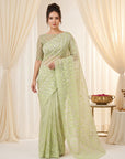 Pista Pure Organza Silk Crush Saree Designer Party Wear Saree With Turkish Work Embroidered Cutwork Border Wedding Festive Saree