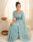 Sky Pure Organza Silk Crush Saree Designer Party Wear Saree With Turkish Work Embroidered Cutwork Border Wedding Festive Saree