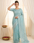 Sky Pure Organza Silk Crush Saree Designer Party Wear Saree With Turkish Work Embroidered Cutwork Border Wedding Festive Saree