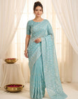 Sky Pure Organza Silk Crush Saree Designer Party Wear Saree With Turkish Work Embroidered Cutwork Border Wedding Festive Saree