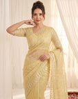 Yellow Pure Organza Silk Crush Saree Designer Party Wear Saree With Turkish Work Embroidered Cutwork Border Wedding Festive Saree