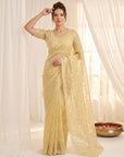 Yellow Pure Organza Silk Crush Saree Designer Party Wear Saree With Turkish Work Embroidered Cutwork Border Wedding Festive Saree