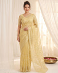 Yellow Pure Organza Silk Crush Saree Designer Party Wear Saree With Turkish Work Embroidered Cutwork Border Wedding Festive Saree