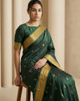 BGreen Paithani Silk Saree with Jhumka Zari Motifs, Meenakari Peacock Pallu and Triple Muniya Border