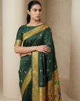 BGreen Paithani Silk Saree with Jhumka Zari Motifs, Meenakari Peacock Pallu and Triple Muniya Border