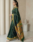 BGreen Paithani Silk Saree with Jhumka Zari Motifs, Meenakari Peacock Pallu and Triple Muniya Border