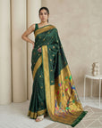 BGreen Paithani Silk Saree with Jhumka Zari Motifs, Meenakari Peacock Pallu and Triple Muniya Border