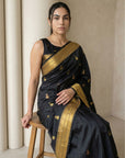 Black Paithani Silk Saree with Jhumka Zari Motifs, Meenakari Peacock Pallu and Triple Muniya Border