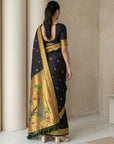 Black Paithani Silk Saree with Jhumka Zari Motifs, Meenakari Peacock Pallu and Triple Muniya Border