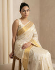 Cream Paithani Silk Saree with Jhumka Zari Motifs, Meenakari Peacock Pallu and Triple Muniya Border