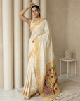 Cream Paithani Silk Saree with Jhumka Zari Motifs, Meenakari Peacock Pallu and Triple Muniya Border
