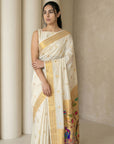 Cream Paithani Silk Saree with Jhumka Zari Motifs, Meenakari Peacock Pallu and Triple Muniya Border