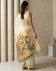 Cream Paithani Silk Saree with Jhumka Zari Motifs, Meenakari Peacock Pallu and Triple Muniya Border
