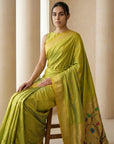 Mehendi Paithani Silk Saree with Jhumka Zari Motifs, Meenakari Peacock Pallu and Triple Muniya Border