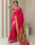 Pink Paithani Silk Saree with Jhumka Zari Motifs, Meenakari Peacock Pallu and Triple Muniya Border