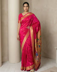 Pink Paithani Silk Saree with Jhumka Zari Motifs, Meenakari Peacock Pallu and Triple Muniya Border