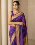 Purple Paithani Silk Saree with Jhumka Zari Motifs, Meenakari Peacock Pallu and Triple Muniya Border