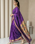Purple Paithani Silk Saree with Jhumka Zari Motifs, Meenakari Peacock Pallu and Triple Muniya Border