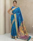 Rama Paithani Silk Saree with Jhumka Zari Motifs, Meenakari Peacock Pallu and Triple Muniya Border