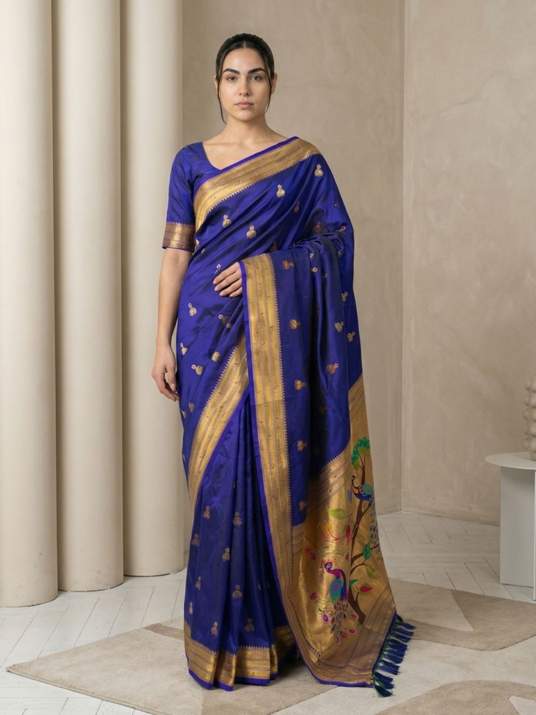 Violet Paithani Silk Saree with Jhumka Zari Motifs, Meenakari Peacock Pallu and Triple Muniya Border
