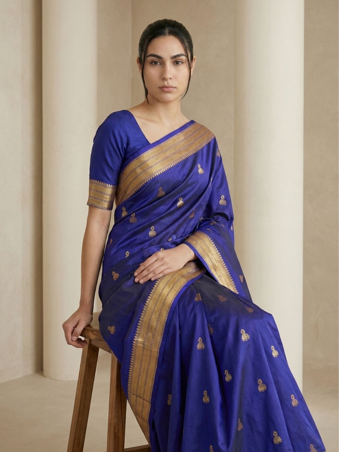 Violet Paithani Silk Saree with Jhumka Zari Motifs, Meenakari Peacock Pallu and Triple Muniya Border