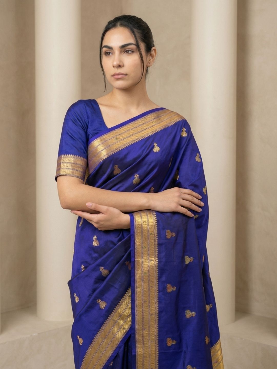 Violet Paithani Silk Saree with Jhumka Zari Motifs, Meenakari Peacock Pallu and Triple Muniya Border