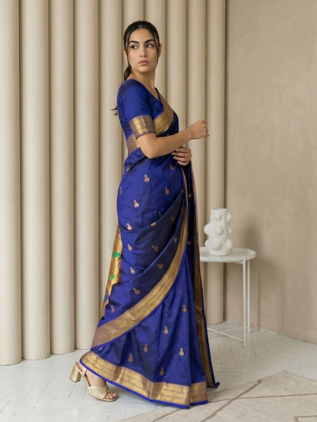 Violet Paithani Silk Saree with Jhumka Zari Motifs, Meenakari Peacock Pallu and Triple Muniya Border