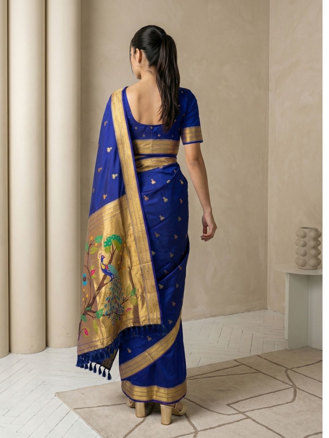 Violet Paithani Silk Saree with Jhumka Zari Motifs, Meenakari Peacock Pallu and Triple Muniya Border