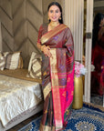 Coffee Soft Silk Ikkat Patola Saree with Meenakari Motifs Peacock Pallu and Gold Zari Border