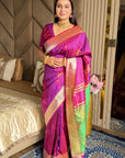 Magenta Soft Silk Ikkat Patola Saree with Meenakari Motifs Peacock Pallu and Gold Zari Border