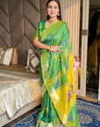 Mehendi Soft Silk Ikkat Patola Saree with Meenakari Motifs Peacock Pallu and Gold Zari Border