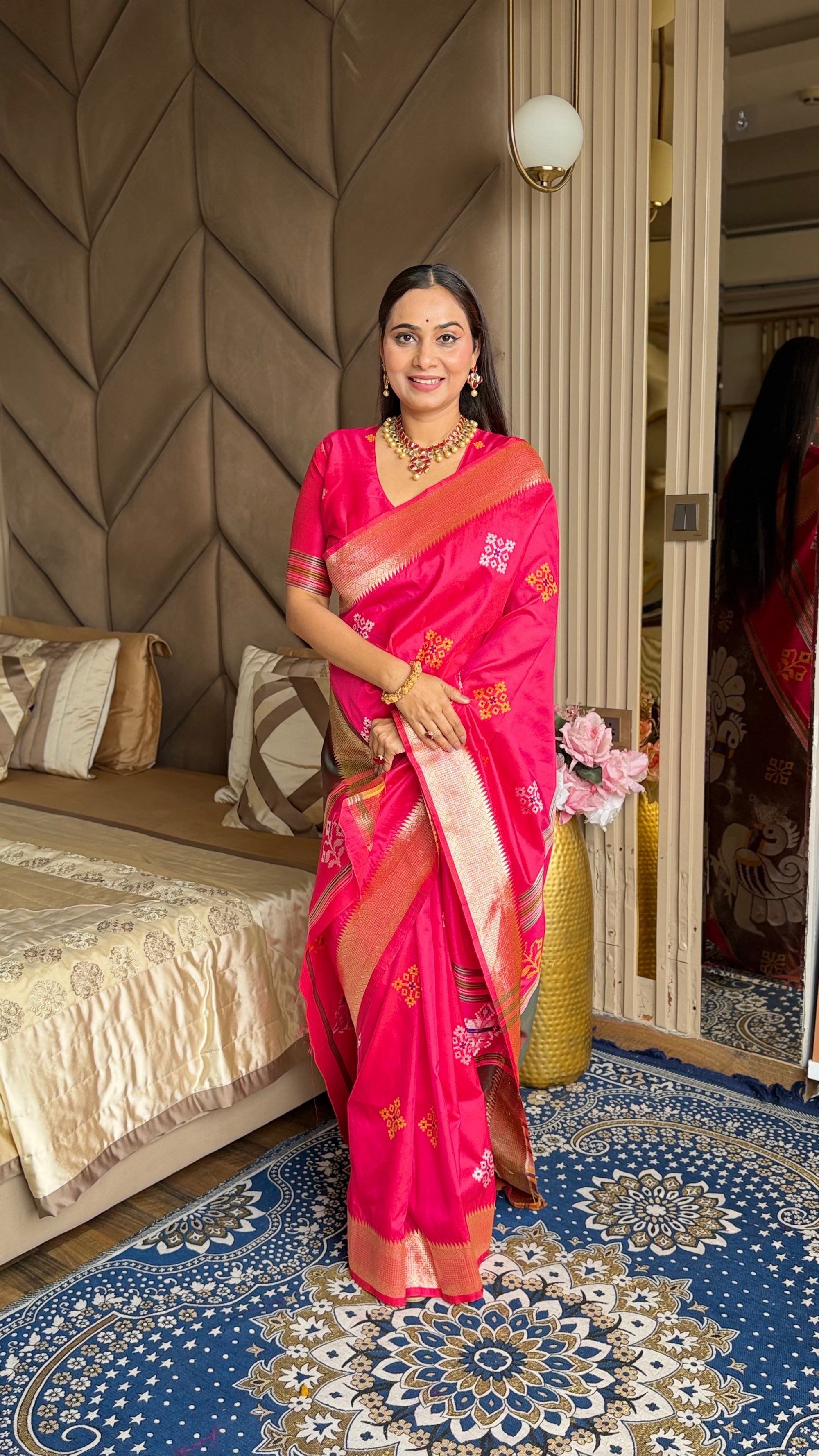 Pink Soft Silk Ikkat Patola Saree with Meenakari Motifs Peacock Pallu and Gold Zari Border