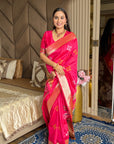 Pink Soft Silk Ikkat Patola Saree with Meenakari Motifs Peacock Pallu and Gold Zari Border