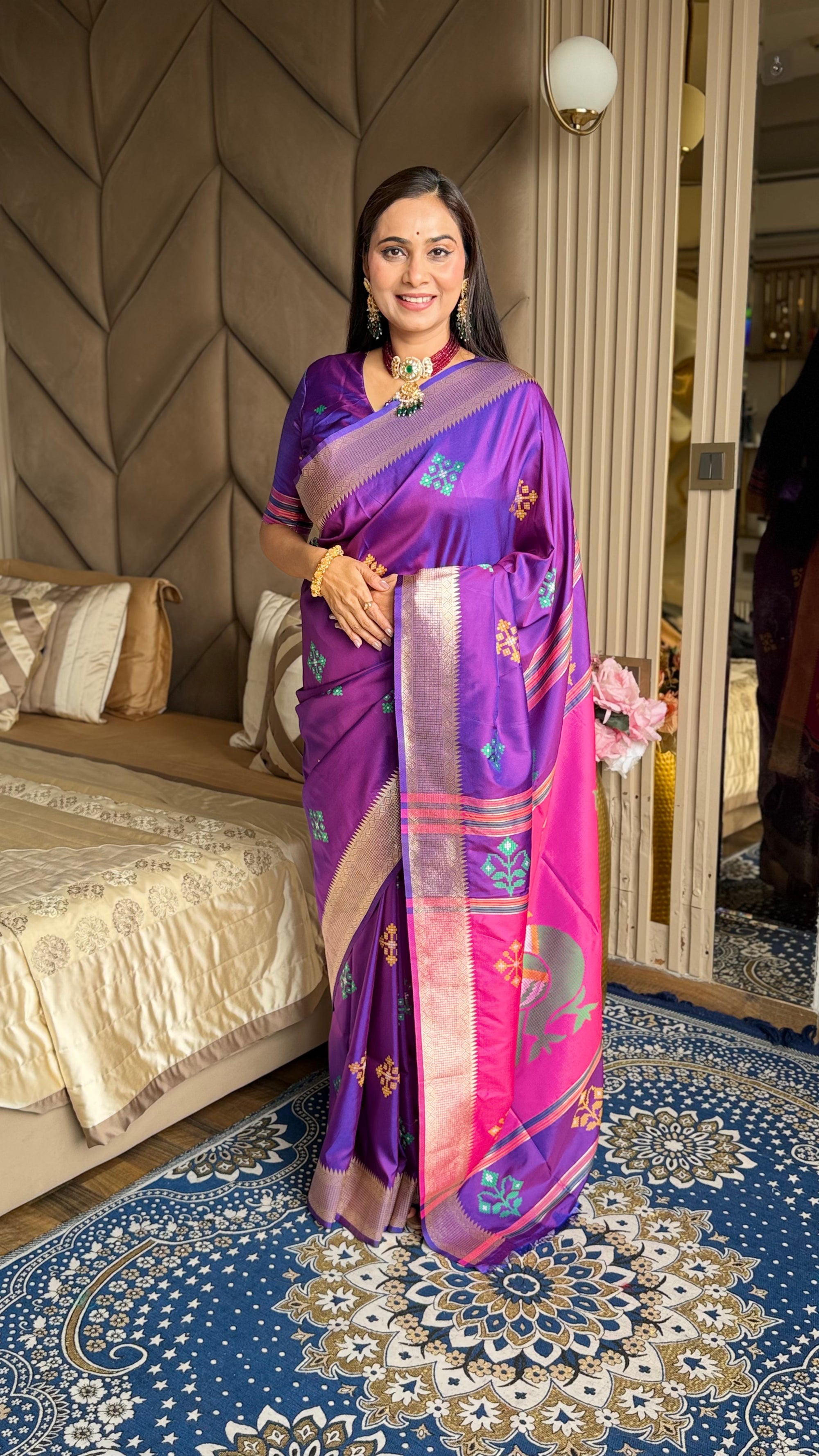 Violet Soft Silk Ikkat Patola Saree with Meenakari Motifs Peacock Pallu and Gold Zari Border