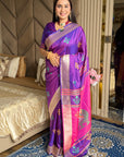 Violet Soft Silk Ikkat Patola Saree with Meenakari Motifs Peacock Pallu and Gold Zari Border