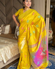 Yellow Soft Silk Ikkat Patola Saree with Meenakari Motifs Peacock Pallu and Gold Zari Border