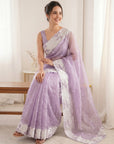 Lavender Pure Organza Silk Crush Saree Designer Party Wear Saree With Turkish Work Embroidered Cutwork Border Wedding Festive Saree