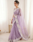 Lavender Pure Organza Silk Crush Saree Designer Party Wear Saree With Turkish Work Embroidered Cutwork Border Wedding Festive Saree