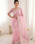 Pink Pure Organza Silk Crush Saree Designer Party Wear Saree With Turkish Work Embroidered Cutwork Border Wedding Festive Saree
