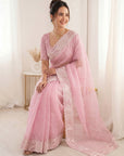 Pink Pure Organza Silk Crush Saree Designer Party Wear Saree With Turkish Work Embroidered Cutwork Border Wedding Festive Saree