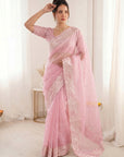 Pink Pure Organza Silk Crush Saree Designer Party Wear Saree With Turkish Work Embroidered Cutwork Border Wedding Festive Saree