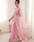 Pink Pure Organza Silk Crush Saree Designer Party Wear Saree With Turkish Work Embroidered Cutwork Border Wedding Festive Saree