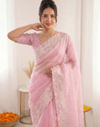 Pink Pure Organza Silk Crush Saree Designer Party Wear Saree With Turkish Work Embroidered Cutwork Border Wedding Festive Saree